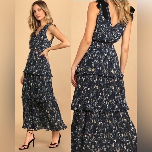 Lulus Dresses & Skirts - Lulu's Navy Floral Tiered Maxi Dress with Black Shoulder Ties